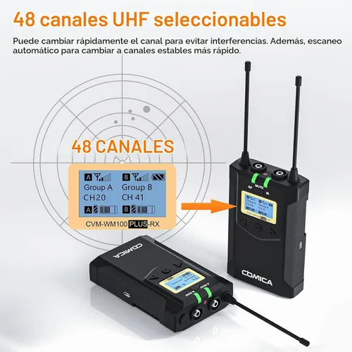 Vista 2 de Comica CVM-WM100PLUS - Sistema de micrófono inalámbrico para cámaras, videocámaras, teléfonos inteligentes, portátiles, micrófono de solapa
