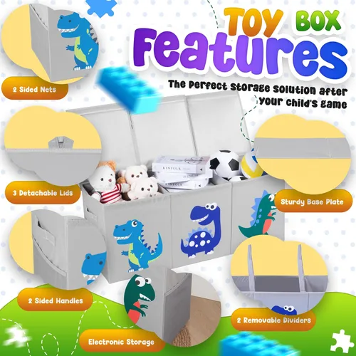 Vista 3 de Organizador de almacenamiento de juguetes extra grande para niños, caja de juguetes plegable de 40 x 13 x 16 pulgadas con 3 tapas, divisores