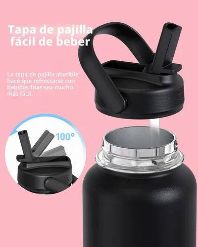 Vista 3 de TOURIT Botella de agua aislada de 32 onzas, botella de acero inoxidable con popote, aislamiento al vacío de doble pared para bebidas frías y Negro