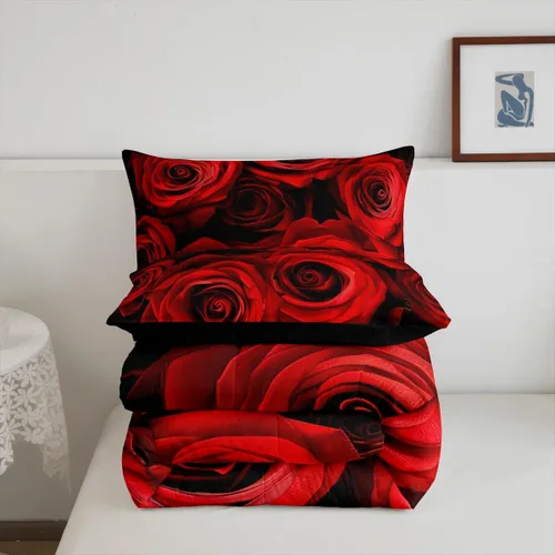 Vista 4 de Juego de edredón de rosas rojas, tamaño individual, juego de ropa de cama floral rojo degradado negro para niñas, mujeres, niños, adolescentes
