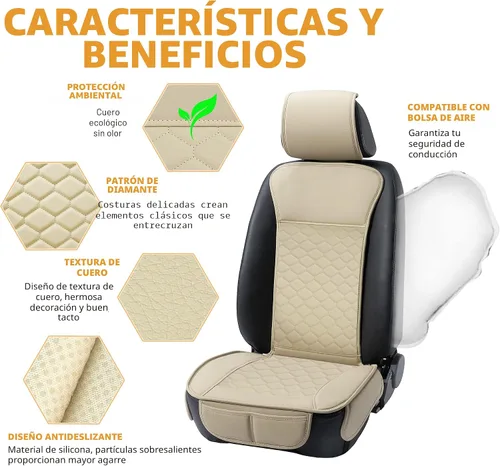 Vista 3 de Elantrip Fundas para Asiento de Coche de Cuero, Protector de Asiento de Coche para Mujeres, Compatible con Airbag, Funda de PU con Patrón de Beige