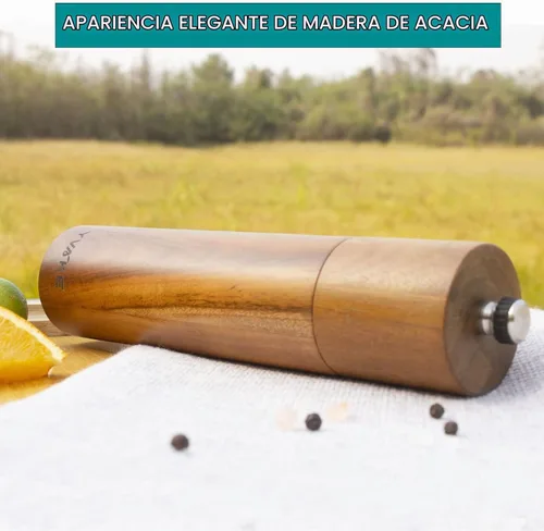 Vista 4 de Molinillo manual de madera para sal y pimienta de 8 pulgadas, molinillo recargable Acacia wood. Ceramic grinding core. Adjustable coarse to fine.