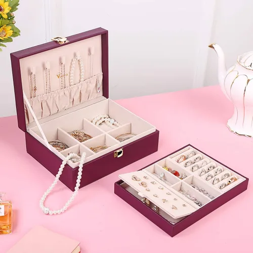Vista 4 de Voova - Joyero organizador para mujeres y niñas, 2 capas de almacenamiento de joyas grandes para hombres, soporte para joyas de piel sintética