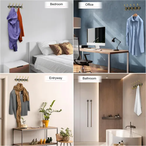 Vista 7 de Perchero de pared con 5 ganchos triples, acero inoxidable de 16 pulgadas – Acabado mate negro y dorado, perchero de pared resistente para abrigos
