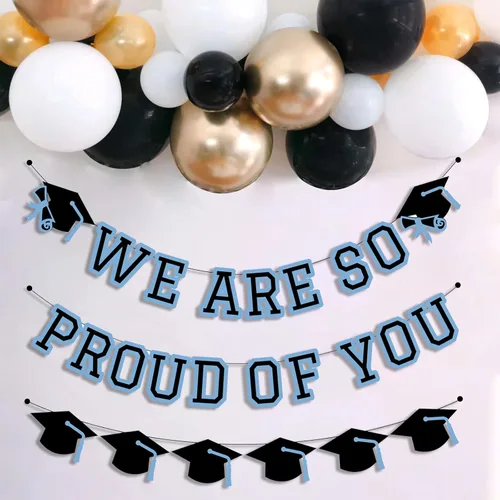 Vista 4 de Letrero con texto en inglés «We Are So Proud Of You», decoración de fiesta de graduación, guirnalda de tapa de felicitaciones, letrero de pared, Azul