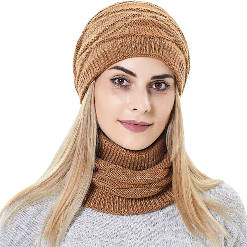 Vista 3 de Conjunto de gorro y bufanda para mujer para niñas, gorro de esquí de invierno de punto cálido con forro polar