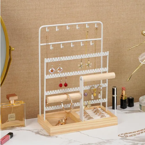 Vista 5 de JAZUIHA Organizador de joyas con organizador de aretes, collar y pulsera, colgador de 3 niveles para exhibición de joyas y almacenamiento de aretes