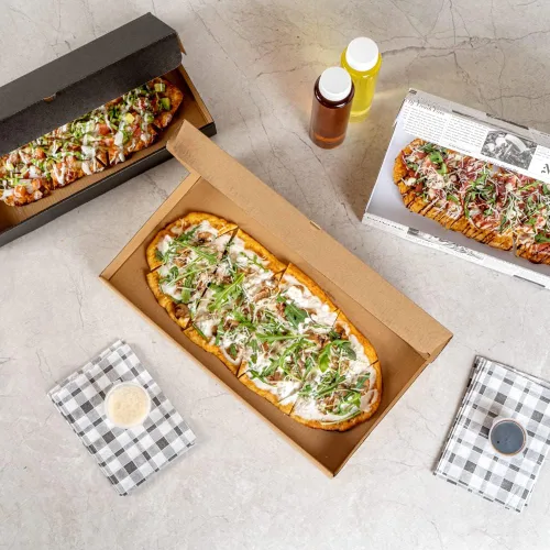 Vista 100 de Restaurantware - Cajas para pizza, 50 unidades, 14 x 7 x 1.5 pulgadas, embalaje de papel de cartón corrugado con bloqueo de pestañas, resistente a