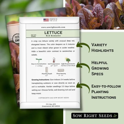 Vista 2 de Sow Right Seeds - Semillas de lechuga romana roja para plantar - Paquete de reliquia sin OMG con instrucciones para plantar un huerto casero - Al