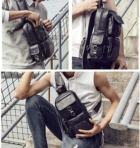 Vista 8 de QICHUANG - Bolso bandolera de piel sintética para hombre, bolso cruzado casual para viajes, senderismo, regalo para hombres