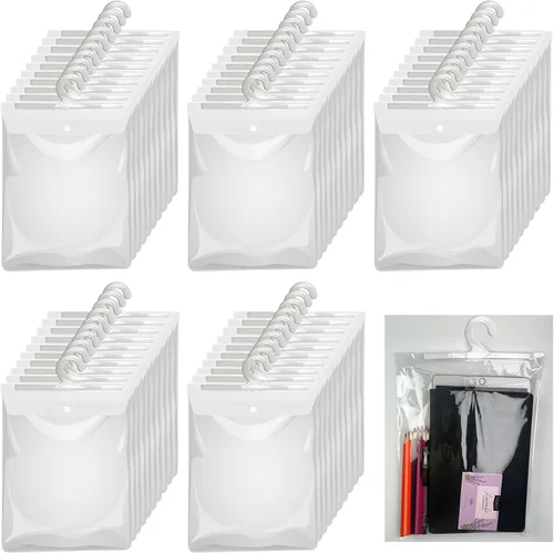 Vista 8 de Bolsas de almacenamiento colgantes con percha, bolsas de plástico transparente grandes con gancho de 13 x 11 pulgadas, bolsa para libros, kit