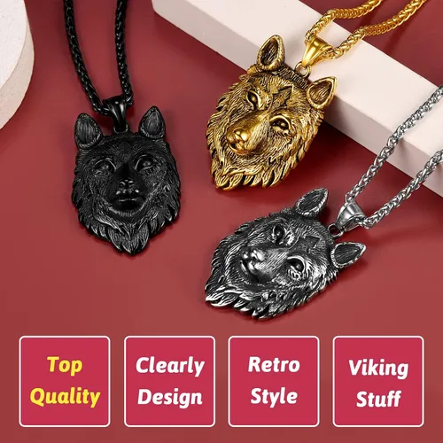 Vista 6 de FaithHeart Collar con colgante de lobo vikingo nórdico para hombres y mujeres, acero inoxidable, chapado en oro de 18 quilates, joyería con embalaje