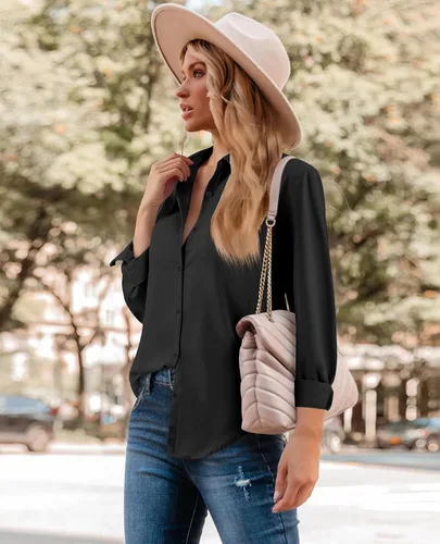 Vista 3 de siliteelon Camisas de manga larga con botones de gasa para mujer: blusas de trabajo con cuello para negocios, oficina, vestidos casuales