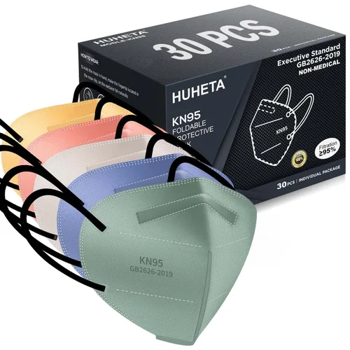 Vista 10 de HUHETA - Mascarillas KN95, paquetes de 30 unidades envueltas individualmente, 5 capas, transpirables y cómodas, con eficiencia de filtro superior al