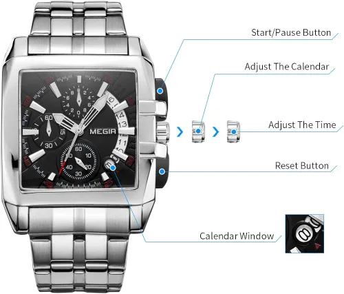 Vista 5 de MEGIR Reloj de pulsera analógico de cuarzo luminoso para hombre con correa de acero inoxidable para colección MS2018