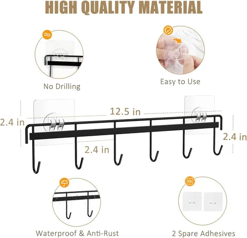 Vista 5 de Utensil Hooks Wall Utensil Holder Rail with 6 Hooks Kitchen Utensils Hanger No Drilling Wall Mounted Adhesive Utensil Hooks for Kitchen, Bathroom