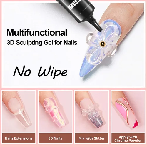 Vista 3 de MUSILAN Gel para esculpir uñas 3D con limas de cristal de cristal, gel constructor transparente para uñas, moldeo para esculpir esmalte de uñas
