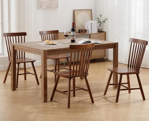 Vista 7 de Kmax Juego de 4 sillas de comedor vintage, sillas Windsor con patas de madera maciza, estilo campestre, nogal Nuez