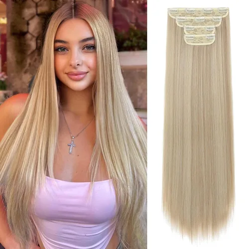 Vista 24 de REECHO - Juego de 4 extensiones de cabello sintético con clip de 12 pulgadas, 14 pulgadas y 16 pulgadas, lacio, largo y grueso, marrón oscuro