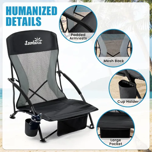 Vista 6 de Lamberia Silla de playa plegable para adultos, paquete de 2, sillas de playa bajas portátiles con capacidad de 300 libras, silla de camping ligera