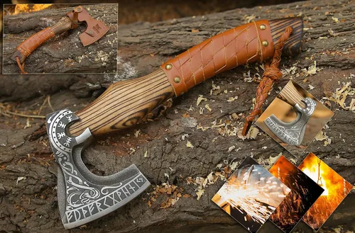 Vista 7 de [Usado] Hacha Vikinga de 13 Pulgadas - Hachetas y Hachas con Mango de Madera de Fresno y Envoltura de Cuero, Hacha para Partir Leña, Hacha