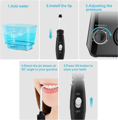 Vista 7 de TUREWELL Irrigador oral de hilo dental con agua, limpiador dental de 21.1 fl oz, 10 presiones ajustables, irrigador oral eléctrico para aparatos