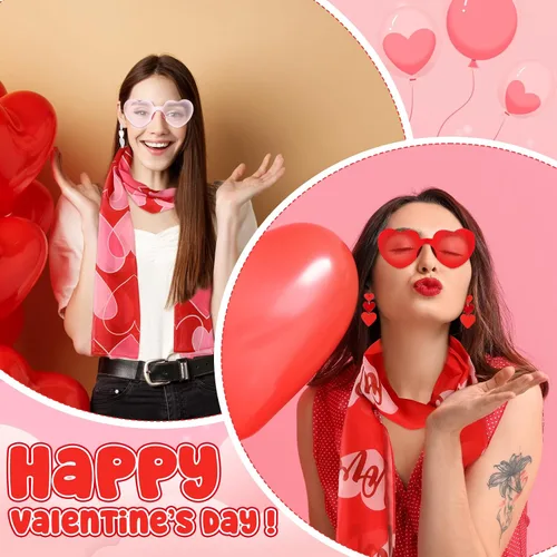 Vista 7 de Cutecrop Kit de 8 accesorios de San Valentín, 2 chales de gasa para el día de San Valentín y 2 bufandas cuadradas de satén con estampado de corazón