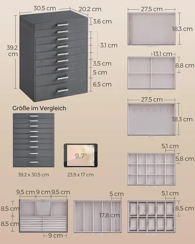 Vista 5 de SONGMICS Joyero organizador de 8 niveles, grande con espejo grande, 7 cajones, gran capacidad, almacenamiento de joyas, estilo moderno, regalo