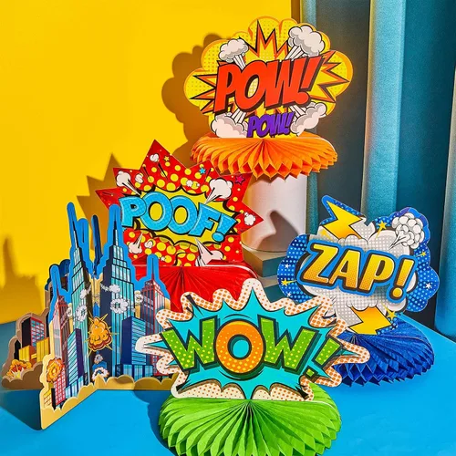 Vista 4 de 10 piezas de decoración de fiesta temática de héroe, centros de mesa 3D con temática de héroe, decoración de mesa de papel con palabras grandes