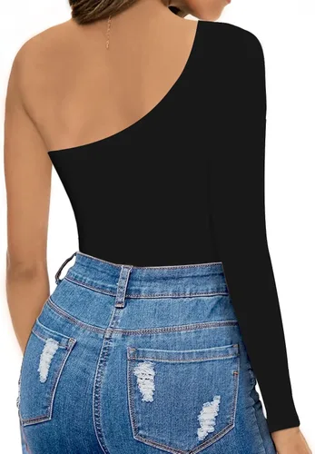 Vista 4 de MANGOPOP Women's One Shoulder Off Sleeveless Long Sleeve Tank Top Bodysuit Jumpsuits