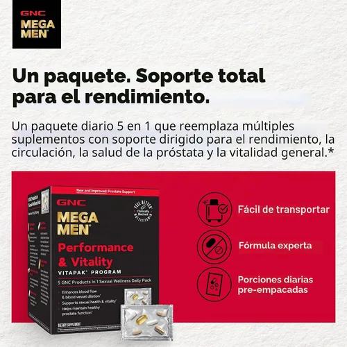 Vista 3 de GNC Mega Men Performance and Vitality Vitapak Program, nutrición completa conveniente, 5 productos en 1 paquete, circulación, flujo sanguíneo, salud