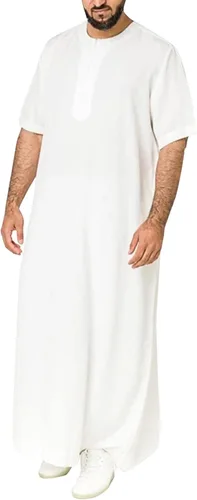 Vista 5 de Vestido largo de manga corta con cuello redondo para hombre, estilo musulmán, estilo casual, ligero, transpirable, grande y alto, ropa étnica