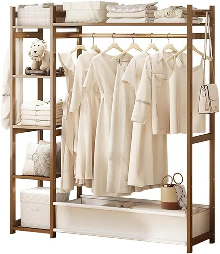 Vista 18 de Perchero de bambú con 5 estantes de almacenamiento para vestidos, zapatos y sombreros, carga máxima de 220.5 lbs, ideal para dormitorio