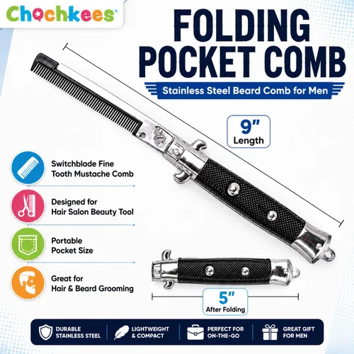 Vista 4 de Switchblade - Peine plegable de bolsillo de 9 pulgadas, peine de acero inoxidable para barba para hombres, peines de bigote de dientes finos