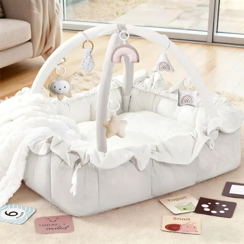 Vista 14 de Mallify Gimnasio de felpa 5 en 1 para bebés, tapete de juego para bebés, gimnasio convertible para bebés con manta y 6 juguetes, tapete