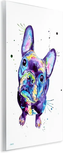Vista 2 de Stupell Industries Arte de pared de madera de perro Bulldog francés con tonos morados, diseño de Jen Seeley