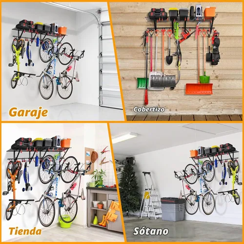Vista 3 de PLKOW Estantería de pared de garaje, paquete de 4 unidades, incluye ganchos para bicicleta, estante de garaje ajustable y resistente organizador