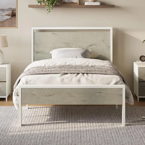 Vista 13 de Base de cama Allewie de tamaño individual con cabecero y pie de cama de madera, soporte de listones de metal resistentes, no requiere somier