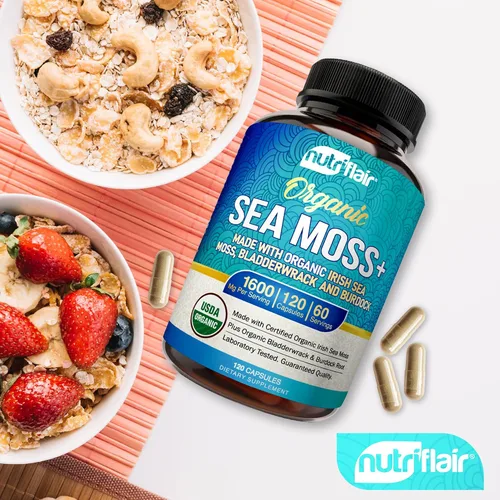 Vista 7 de NutriFlair Musgo marino orgánico de 1600 mg, 120 cápsulas más vejiga y bardana - Super alimento prebiótico - Sistema inmunológico y salud digestiva