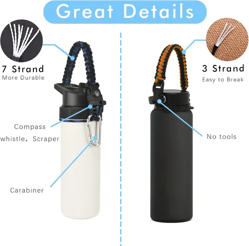 Vista 4 de Paracord Handle for Hydro Flask Water Bottles Standard/Wide Mouth, Strap Holder with Safety Rubber Ring & Carabiner, Easy to Carry and Durable