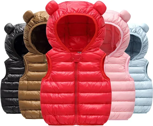 Vista 7 de Chaleco sin mangas de invierno para bebé, con cremallera sólida, con capucha y orejas de oso, chaqueta para niños y niñas
