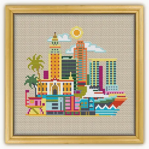Vista 2 de Miami Florida USA CS086-0 - Kit de punto de cruz contado # 2. Juego de hilos, agujas, tela AIDA, enhebrador de agujas, recortadores de bordado