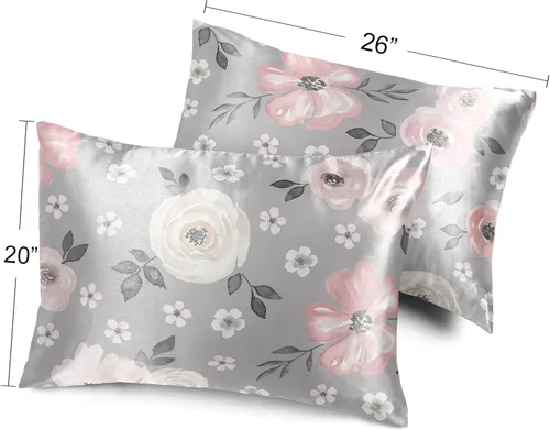 Vista 4 de Sweet Jojo Designs Juego de 2 fundas de almohada de satén (floral bohemio gris) para niñas, cabello y piel, suaves, sedosas, brillantes