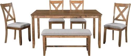 Vista 8 de Quarte Juego de mesa de comedor de 6 piezas, mesa de comedor rectangular de madera maciza, 4 sillas tapizadas y banco, muebles familiares rústicos