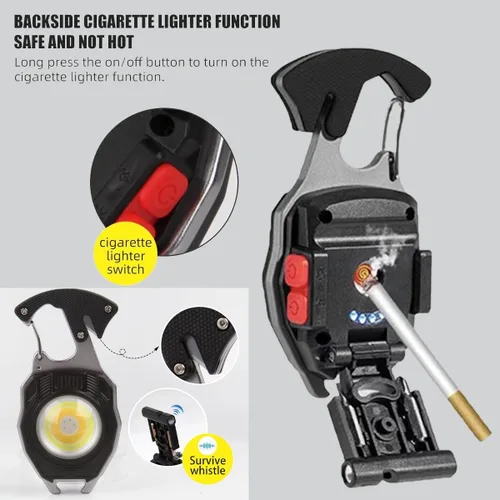 Vista 4 de Llavero COB con 7 modos de luz, 1600 lúmenes, luz de trabajo portátil recargable por USB, luz de emergencia con soporte plegable, abrebotellas