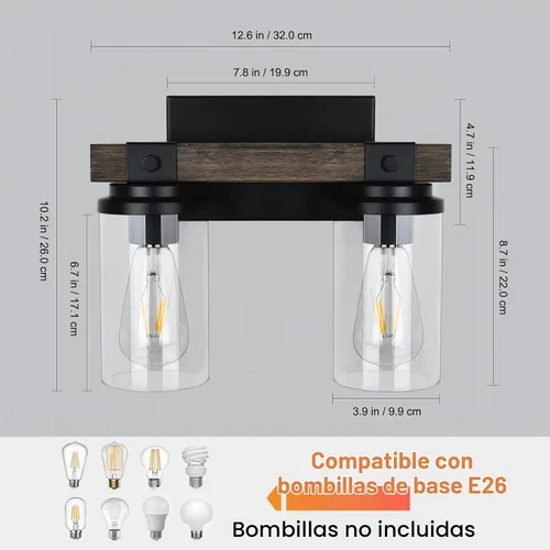 Vista 4 de Lámpara de Baño Estilo Granja de Madera Negra, Iluminación de Tocador de 2 Luces, Aplique de Pared de Madera, Accesorio de Pared Industrial Rústico