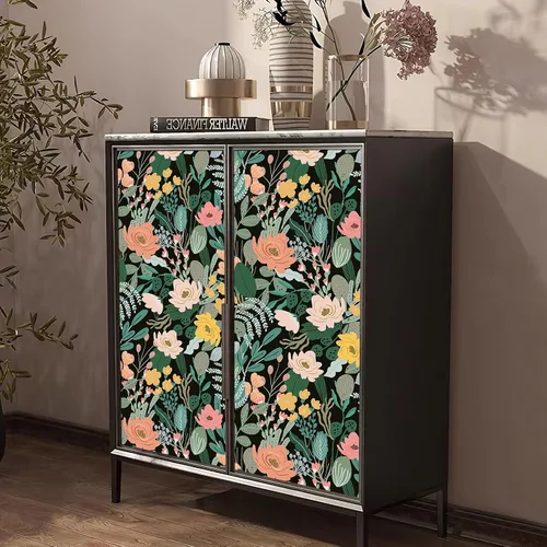 Vista 6 de HueBurst Papel tapiz floral verde oscuro de 17.3 x 118 pulgadas, papel de contacto floral bohemio para baño, sala de estar, dormitorio, papel tapiz