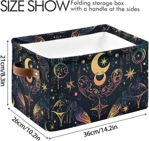 Vista 4 de Cesta de almacenamiento, astrología mística, símbolo oculto alrededor de la luna, lona duradera, plegable, caja de juguetes, contenedor organizador
