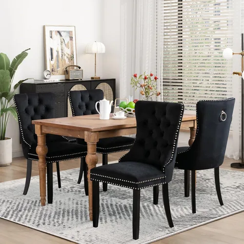 Vista 25 de Juego de 2 sillas de comedor tapizadas de tela de lino, sillas de cocina modernas de mediados de siglo con respaldo alto, ribete de cabeza de clavo