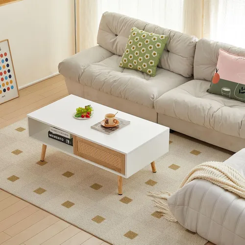 Vista 5 de IANIYA Mesa de centro con almacenamiento oculto, mesa central rectangular de 41.3 pulgadas con puerta tejida de ratán y patas de madera maciza